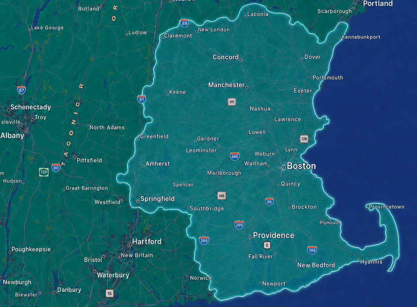 Ductless Brothers service area map covering Massachusetts and New Hampshire